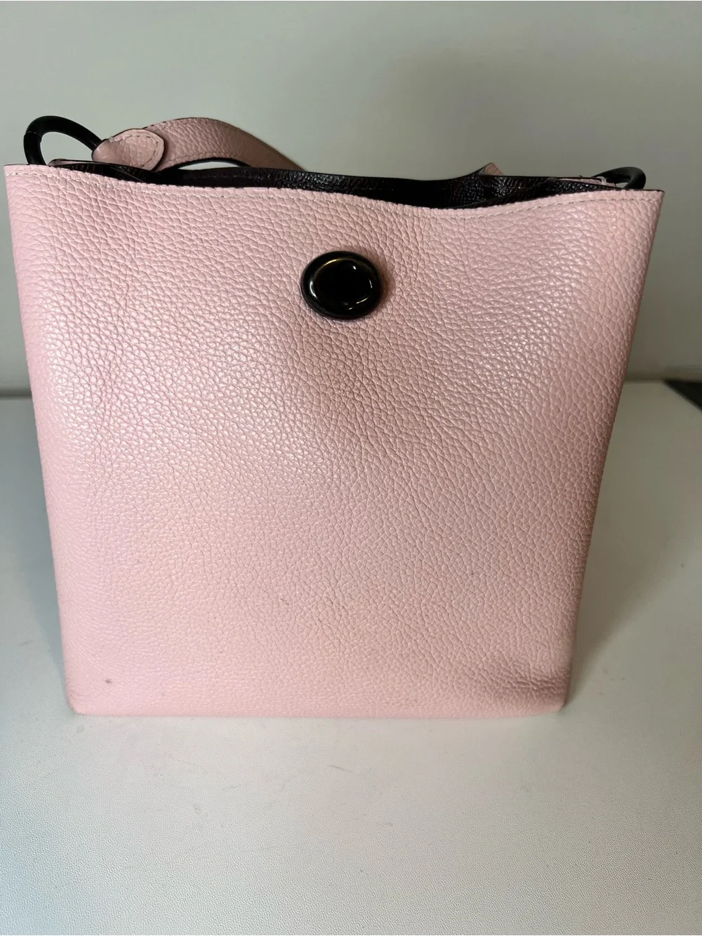 Coach Pink Pebbled Leather Shoulder Bag with Black Trim